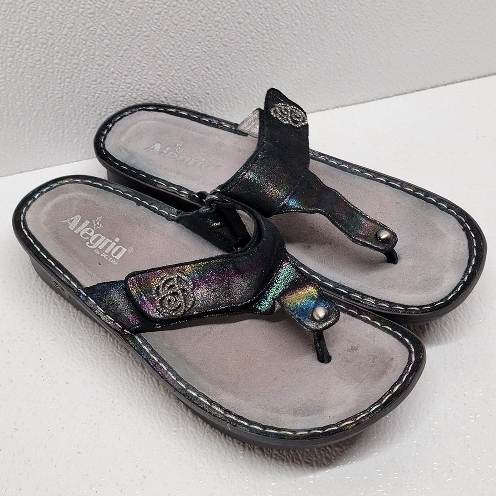 Alegria Carina Chromatic Thong Sandals Size 41/ 10.5-11 Black Multicolor Shimmer
